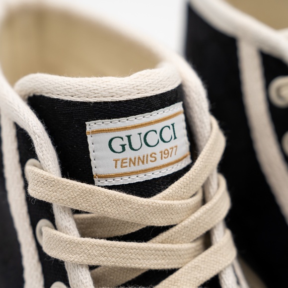 38G 8 US Gucci High Tennis 1977 Black High Top White Canvas Sneakers - Picture 8 of 11
